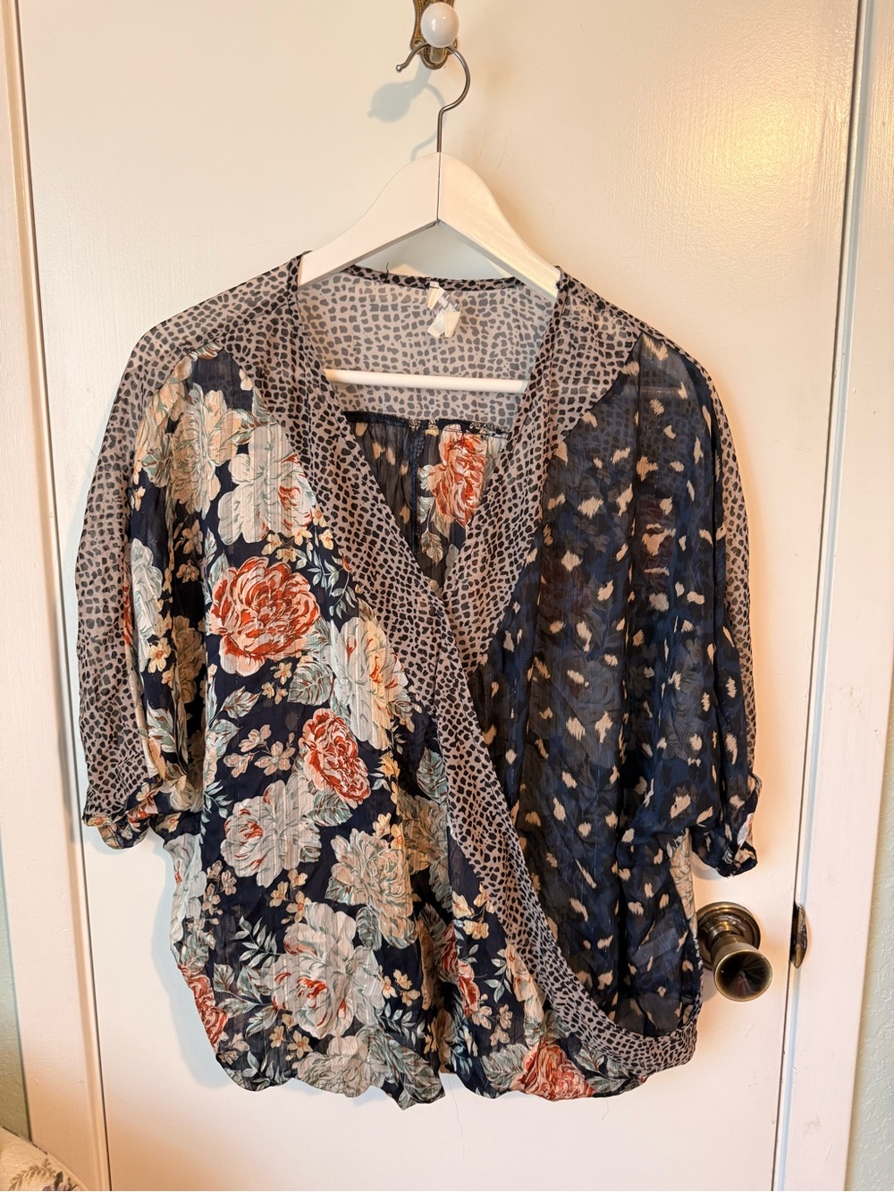 Umgee Navy Floral & Animal-Print Surplice Blouse